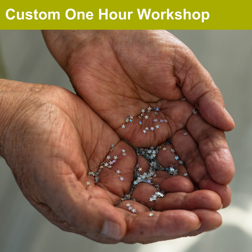 Title image: custom one hour workshop. Cupped hands holding silver star glitter.